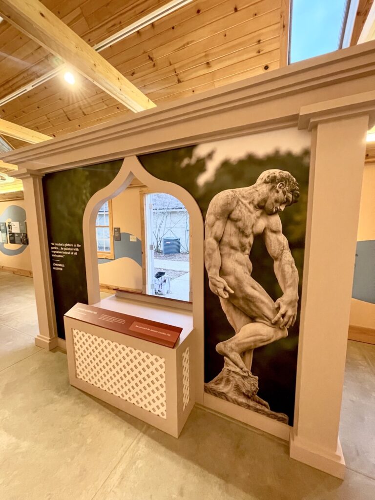 Custom-made exhibit showcasing unique art pieces and sharing history at Allerton